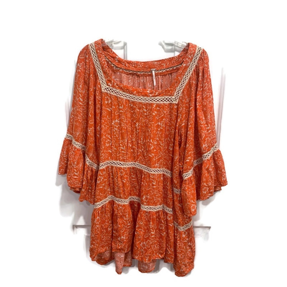 Free People Orange & White Talk About It Tunic Mini Dress Large